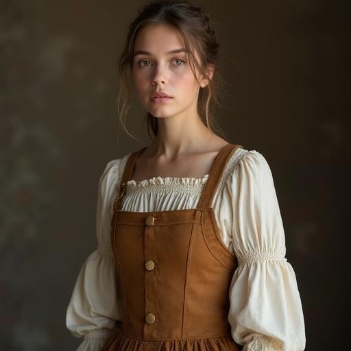 Portrait of a young European medieval townswoman. Clothing is modest in earthy tones featuring subtle slits on the skirt. Subject has smooth skin and warm brown eyes. Soft expression and focus on upper body.