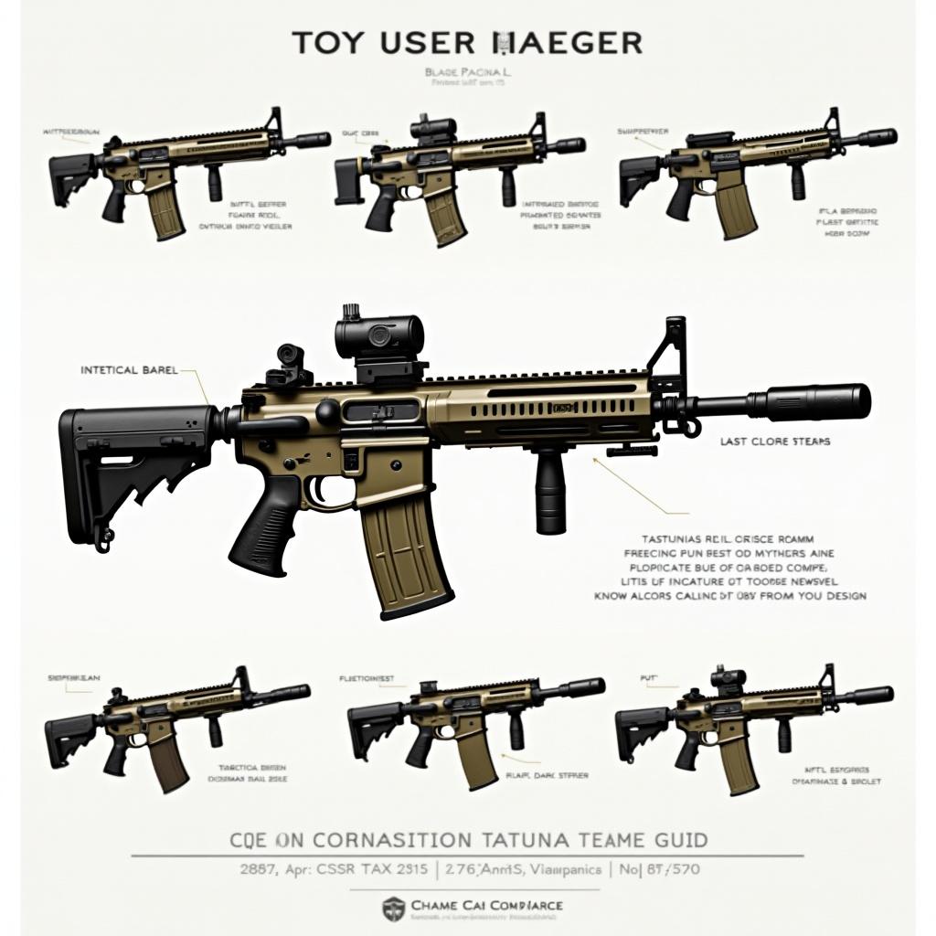 Detailed illustration of a fictional tactical CQB assault rifle with a sleek design. The main focus is the central rifle shown in profile using a fictional cartridge. Surrounding images showcase different angles and customizations. The design features a shortened barrel and integrated rail system. Predominant colors are metallic and Flat Dark Earth accents.