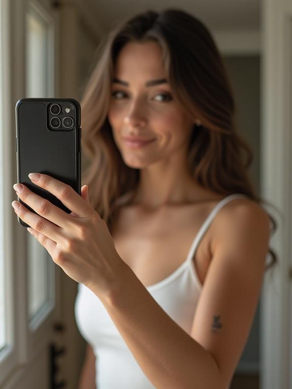 Woman taking a selfie in front of a mirror. She is smiling and holding a smartphone. The background shows a softly lit space. The woman has long hair and wears a white top.