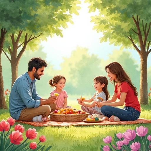 A watercolor illustration of a family enjoying a picnic. The scene is in a lush park, surrounded by trees and colorful flowers. Happiness and warmth are depicted through family interaction and outdoor ambiance.