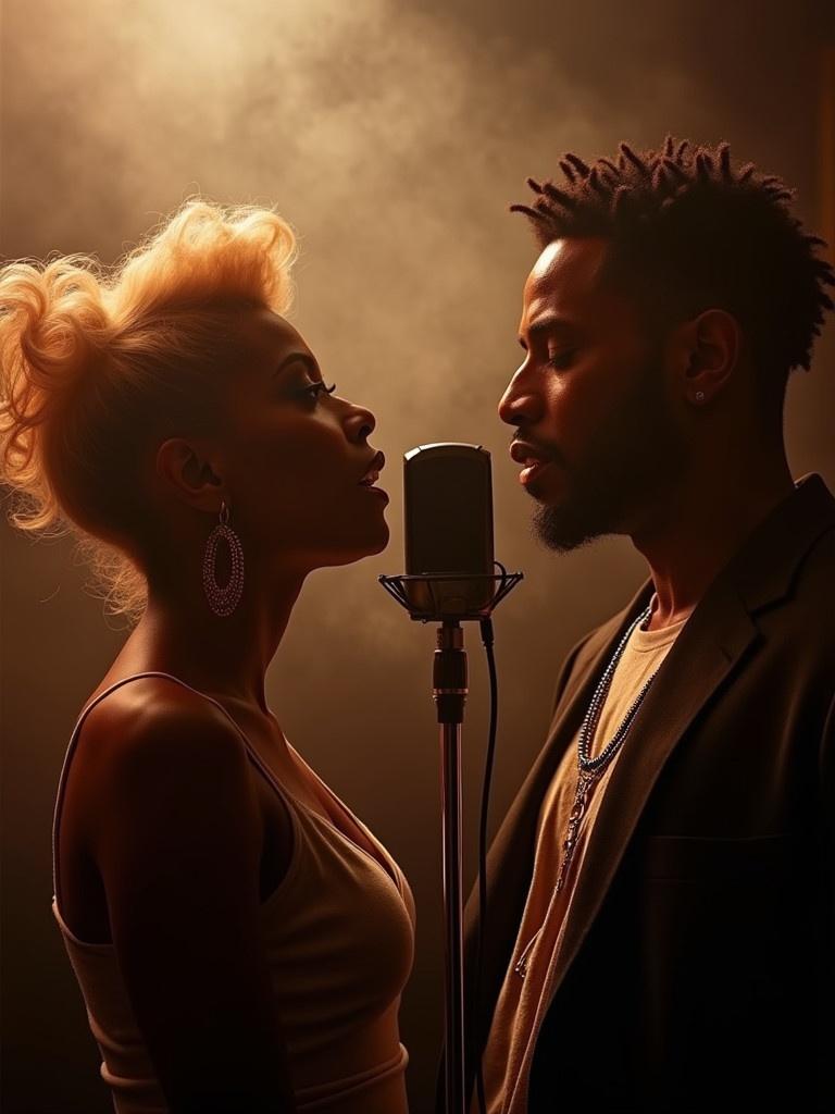 A man and woman in a recording booth sing a love song. The woman wears stylish clothes. She has blonde, elegantly styled hair. The man embodies 90s R&B style. Smoke swirls in the room. Warm light enhances their emotional bond.