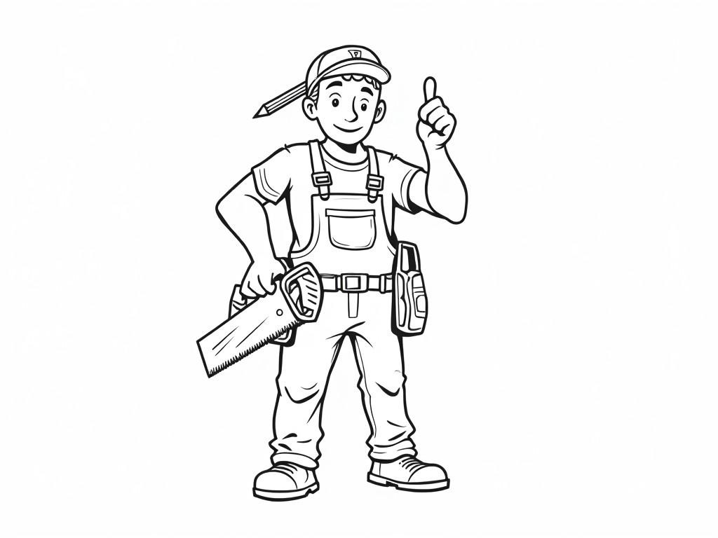 Funny black and white vector illustration of a handyman. He is wearing overalls and holding a pencil behind his ear. The handyman has a big smile on his face and is giving a thumbs up with one hand. In his other hand, he is holding a piece of wood and a saw. The illustration emphasizes his cheerful personality and readiness to work.