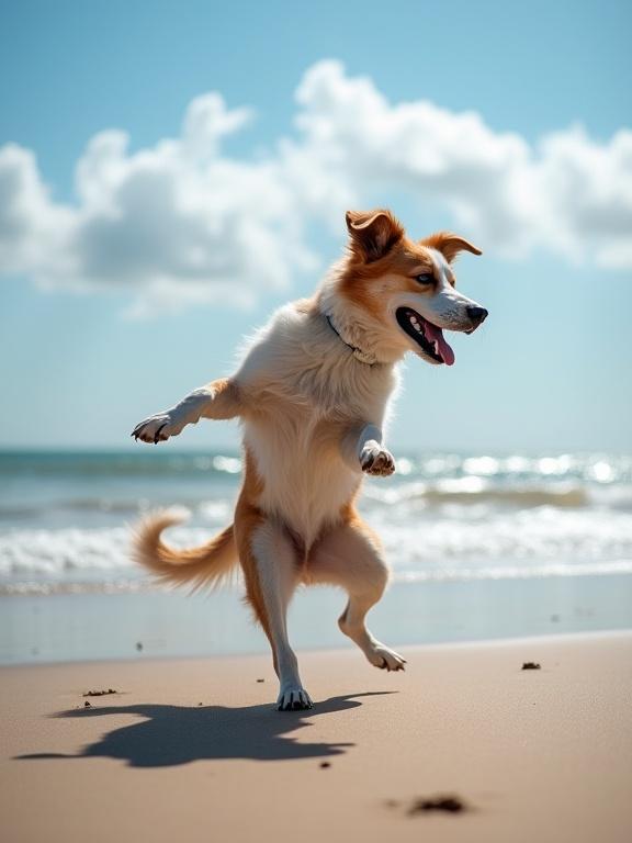 A dog dancing joyfully on a beach. The scene includes a sunny sky and waves in the background. The dog has a vibrant coat and a playful expression.