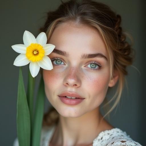 Cute woman with braided hair showing off a daffodil tucked behind ear. She gazes directly at the camera in a three-quarters portrait. Bright natural light illuminates her face and floral detail.