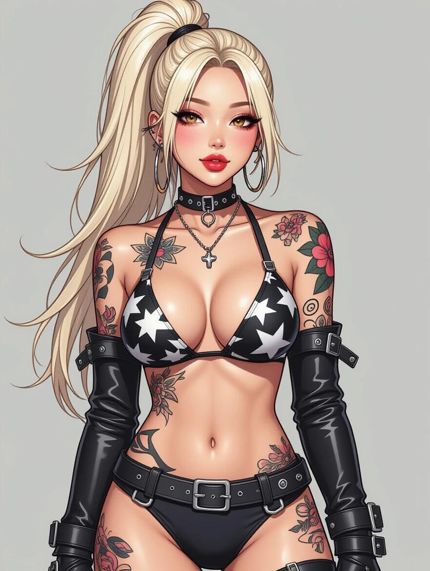 Asian model with high blonde ponytail. Wearing an edgy black and white bikini. Tattoos covering torso and arms. Bold makeup emphasizing eyes and lips. Styled in a comic book artwork theme. Model appears half-smiling and blushing.