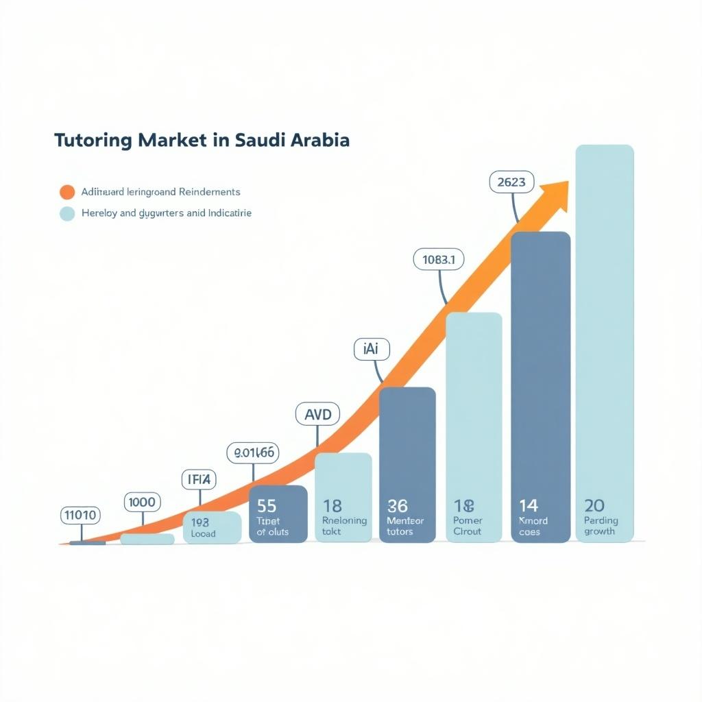 This graph illustrates the growth of the tutoring market in Saudi Arabia from 2020 to 2030. The data shows an ascending curve, indicating a significant increase in market size over the years. Key players and their contributions to the market are highlighted. Each bar represents different entities involved in the tutoring sector, with notable figures and projections. The graph is designed to be clear and informative, showcasing potential for investment and development in the educational landscape.