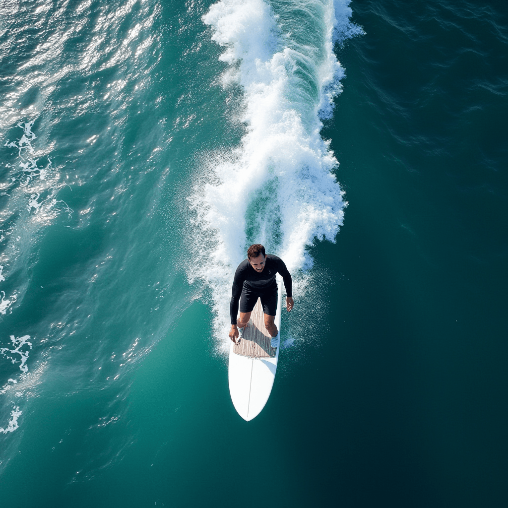 A surfer gracefully rides a wave in turquoise waters.