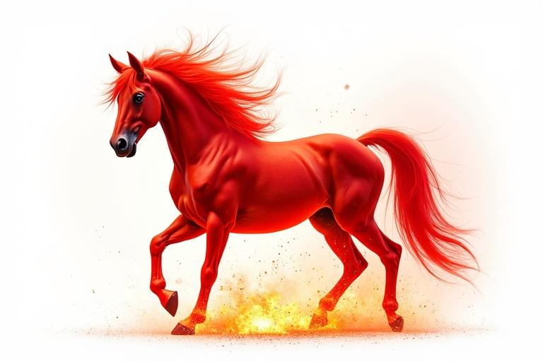 Abstract representation of a red horse surrounded by fiery sparks on a white background.