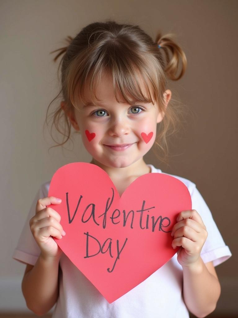 Child holding a large red heart shape. Heart has the words Valentine's Day written on it. The child appears joyful. Simple background enhances focus on the child and heart.