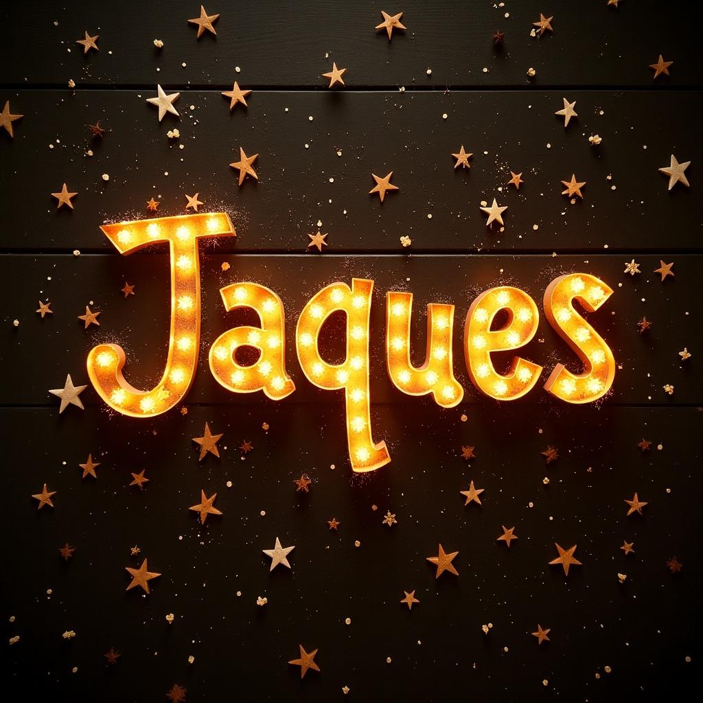 This image features the name 'Jacques' in bright, marquee-style letters adorned with warm lights. The letters are surrounded by a backdrop of small golden stars scattered across a dark surface. The festive arrangement creates an inviting and celebratory atmosphere, making it perfect for special occasions. The warm glow of the letters adds to the charm, and the contrast against the dark background enhances visibility. This composition is ideal for party themes, birthday celebrations, or any festive occasion that highlights the name Jacques.