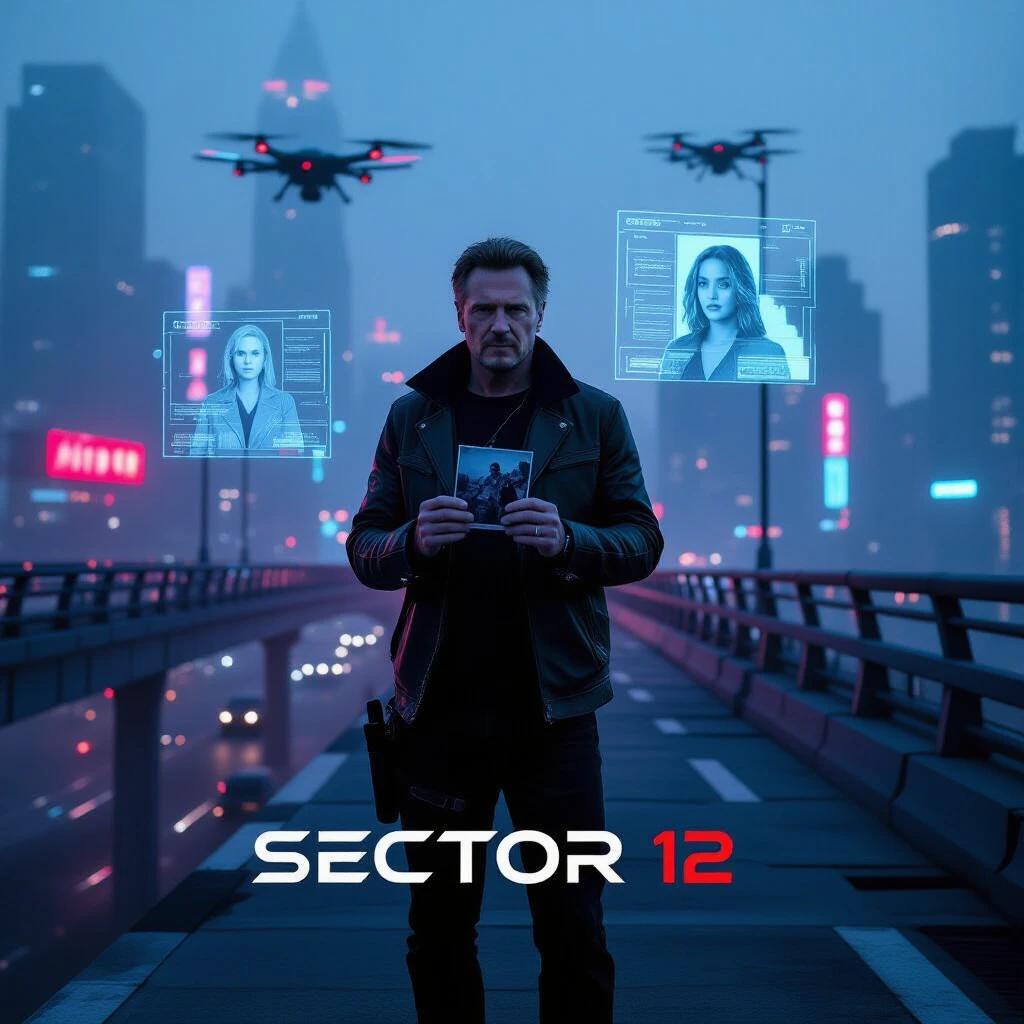 A neon cityscape filled with smog. A man stands on a busy overpass holding a worn photo. Holograms show surveillance footage behind him. Drones hover in the sky. The atmosphere is filled with neon lights and fog. The setting is oppressive and futuristic. It has a dystopian theme focused on a father rescuing his daughter.