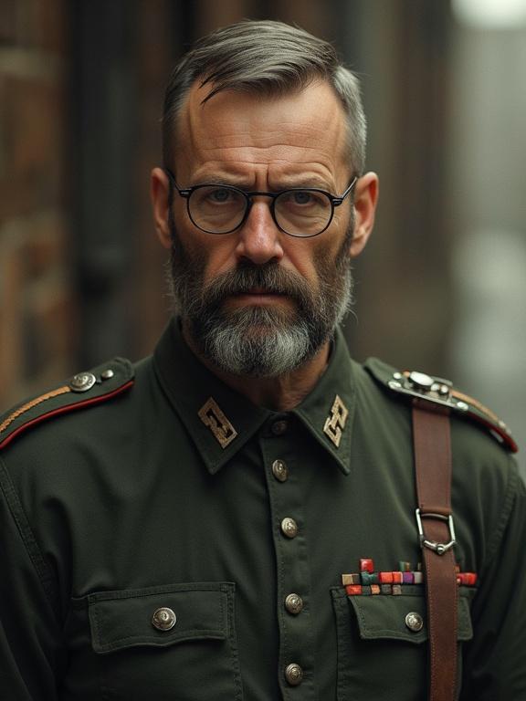Man with beard and glasses wearing military uniform with epaulets and colorful medals. Background blurred. Olive green shirt with red accents. Serious expression.