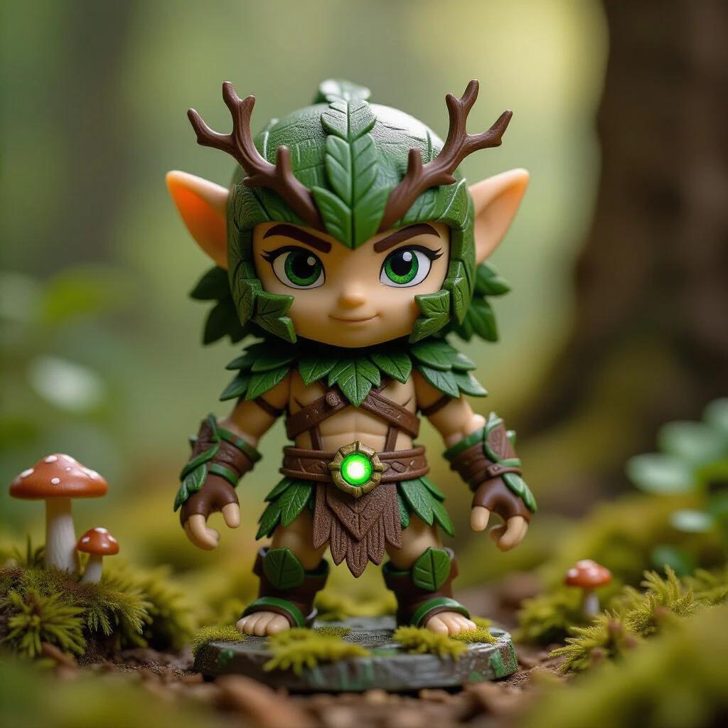 Vintage 2008 Gormiti Prima Serie action figure from the Popolo della Foresta tribe. The figure stands 6 cm tall and is made of PVC. Features include leafy green and brown color scheme, bark-textured armor, and mossy vines. The base is rustic forest with tiny mushrooms, illuminated with soft studio lighting. Captured using a 35 mm macro lens with a shallow depth of field for detailed presentation.