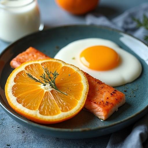 Cinematic image with a combination of a big round slice of orange, a smaller grilled salmon fillet, a poached egg, Greek yogurt in a crystal jar, and a soft background resembling a jeans pattern.