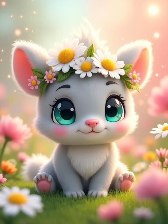 Image of a cute animated creature with fluffy light gray fur. Big teal eyes and small pink nose. Wears a flower crown of daisies and pink flowers. Surrounded by colorful flowers in a pastel meadow. Scene has a warm, magical glow with sparkling lights.