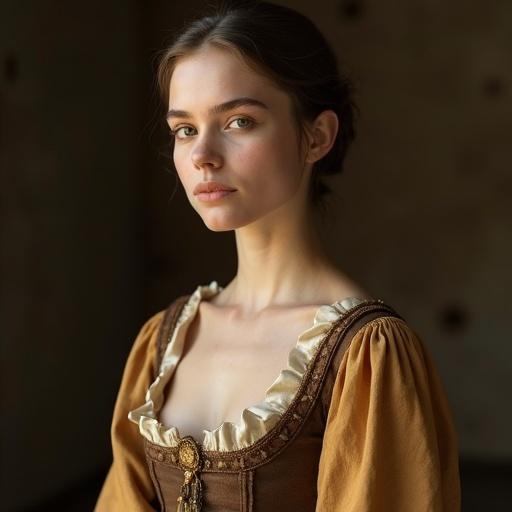 8K portrait of a young European medieval townswoman. She has smooth porcelain fair skin. Her warm brown eyes gaze softly. She wears a modest dress in earthy tones with a neckline revealing visible cleavage. The full skirt has subtle slits. Background is clean and highly detailed. Studio lighting enhances the appearance.