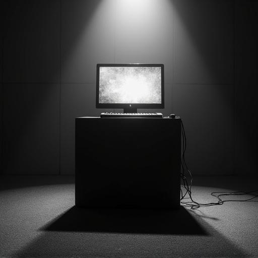 Dusty black and white photograph of a black cube computer with a screen. Screen lights up the scene in a dark office. The room has a mysterious and ominous atmosphere. Dust particles visible in the air. Spotlight from the ceiling focuses on the computer.