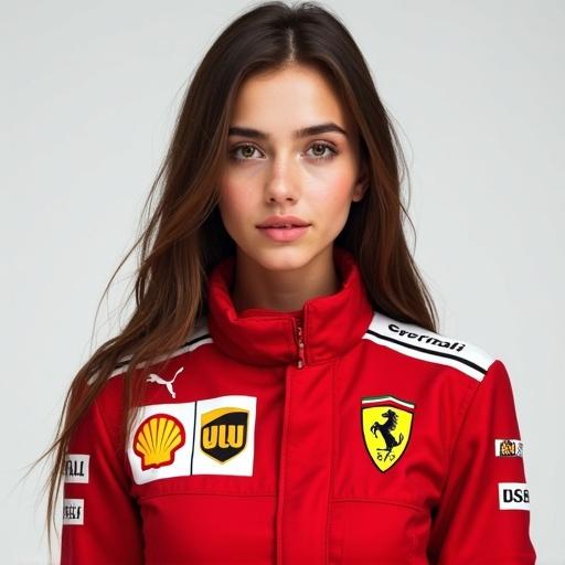 Generate portrait featuring woman with long brown hair wearing Ferrari Formula 1 uniform. Girl has brown eyes and appears thin with neutral expression. Background minimalistic.