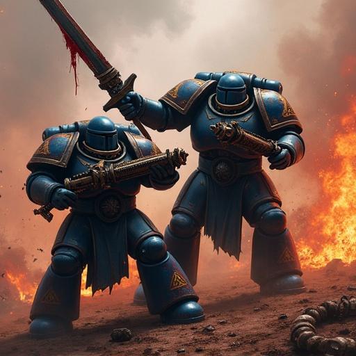 Two armored Ultramarines engage in brutal combat on a chaotic battlefield. One wields a blood-drenched chainsword, both have battle-damaged power armor. The scene is filled with explosions and smoke, depicting a grimdark atmosphere with skulls and imperial relics scattered around. They pose dynamically in an ultra-violent action scene under volumetric lighting.