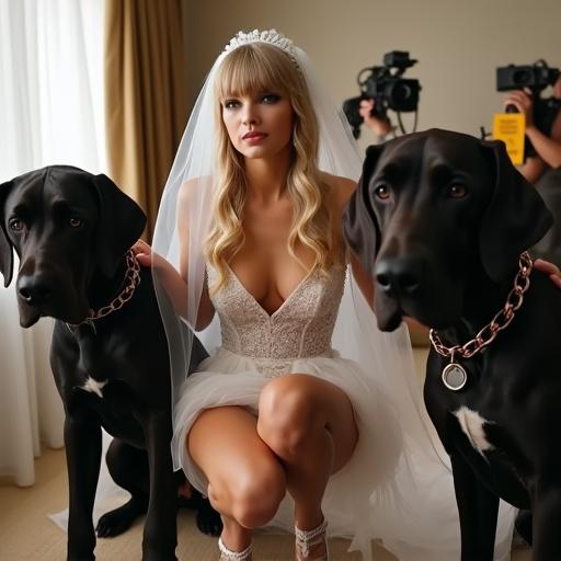 Gorgeous woman in short white wedding dress with bridal veil poses crouched between two large black Great Danes in hotel room. One dog rests its head on her shoulder. Video cameras capture the moment. A sign reads 'AOZ auditions'.