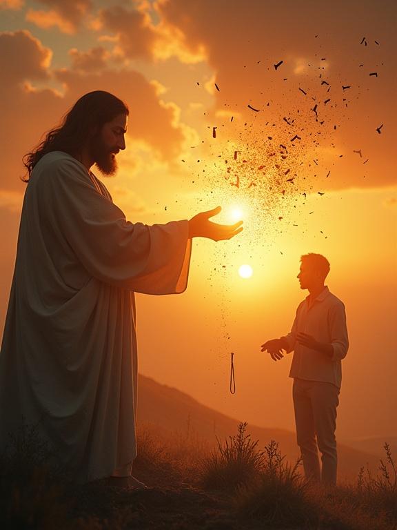 A hyper-realistic devotional art piece depicting Jesus extending a hand with brilliant warm light. A silhouetted figure shatters symbolic chains while standing in a misty dark realm. Background features a glorious sunrise with golden and rose waves. Cinematic style resembles a detailed film still.
