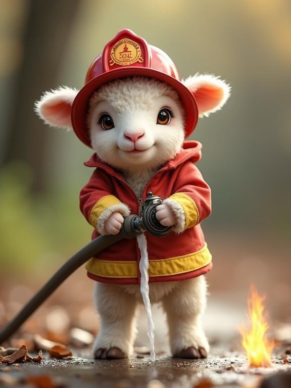 A baby sheep stands upright on hind legs wearing a firefighter uniform and helmet. The sheep holds a hose spraying water onto a small flame. The scene is set in a blurred park or fire station training area with soft natural lighting. Fluffy white wool makes the sheep look sweet and gentle.