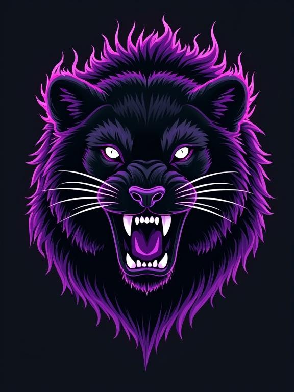 Design of a fierce roaring black puma. The puma has white eyes and purple flames glowing around its face. It is centered in a minimalist background. The colors are deep black and vibrant purple with white highlights, creating a striking image.