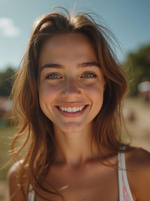 A young woman smiles flirtatiously. Her hair is styled in loose waves. The image shows a close-up of her shoulder and torso. Sunlight creates a soft glow on her skin. The background is slightly blurred but indicates an outdoor setting.