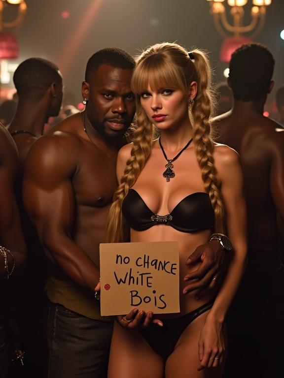 Scene set in a dimly lit nightclub. A couple stands close together. Woman has long blonde twintails, blue eyes, and is wearing a stylish bikini with high heels. She holds a sign saying 'no chance white bois'. The man, a larger black rapper, embraces her. Other men surround them, creating a lively atmosphere.