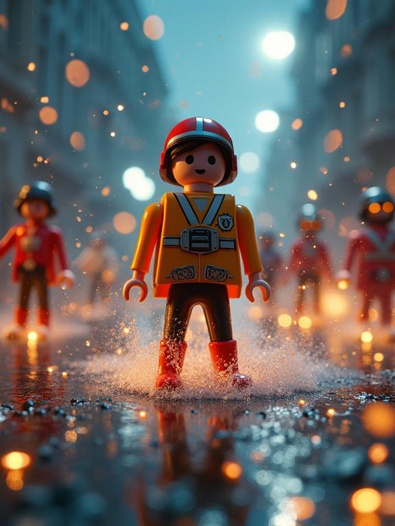 Cinematic 3D action-packed advertisement featuring Playmobil figures. Scene shows dynamic mid-motion of figures in a vibrant urban environment. Dramatic lighting brings energy with particles and reflections on wet surfaces. Hyperrealistic and bold presentation aiming for viral appeal.