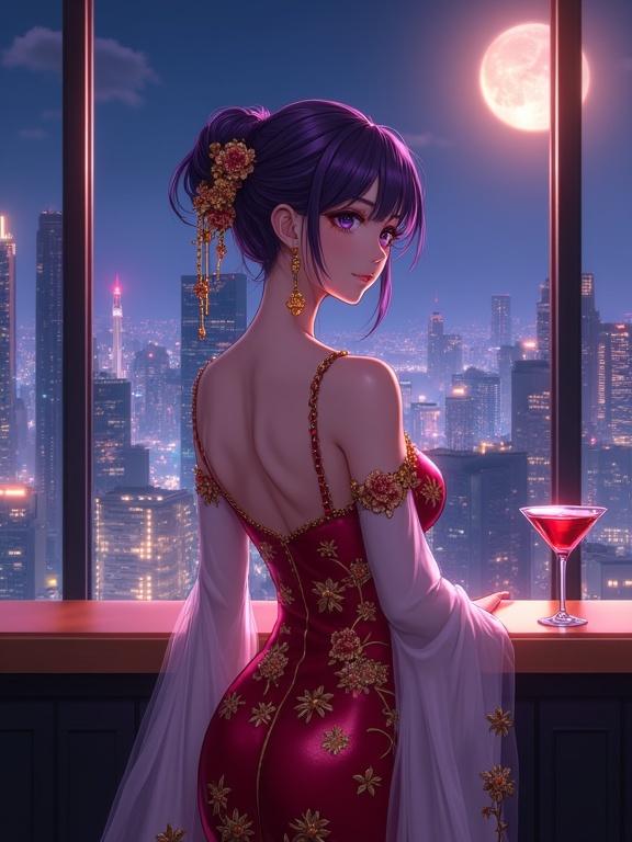 Woman stands gracefully in a luxe lounge. She has violet hair styled in an updo with floral ornaments. She wears a shiny red gown with gold embroidery and white sleeves. A cocktail sits on the bar. The city skyline glows at night with a full moon.