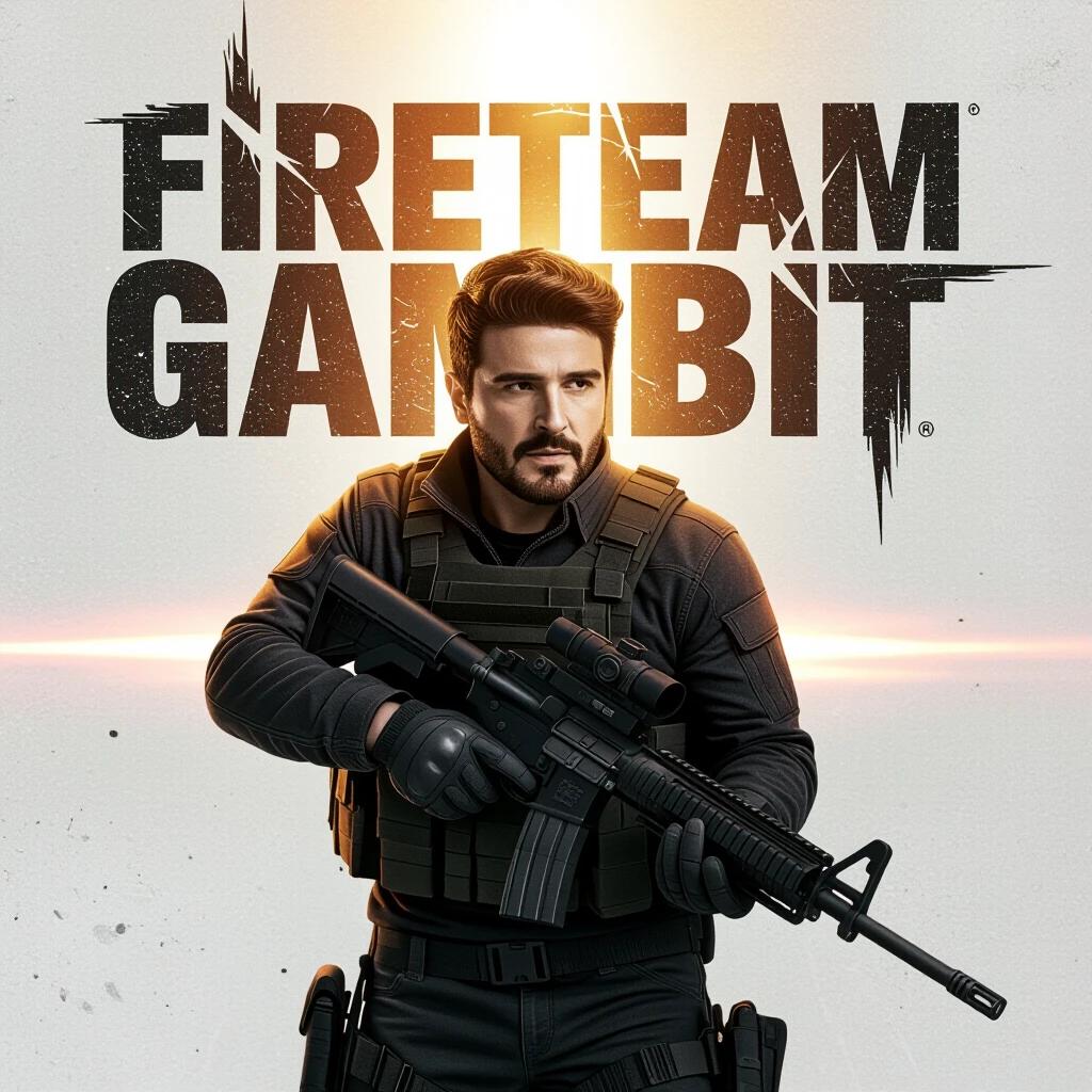 Title 'FIRETEAM GAMBIT' in stencil style with a concrete texture. A character in tactical gear stands confidently with an assault rifle. Bright amber light illuminates the front while a cool rim light outlines the character. high-resolution image with realism.