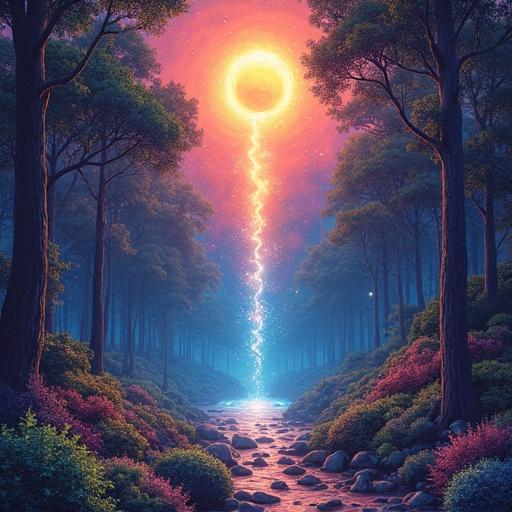Lush forest with luminous trees and vibrant colors. Celestial elements glowing in the background. Eclipsed suns in the sky. Imagery of souls ascending into stars. Vertical crystals illuminated with symbols. Magical ambiance with soft pastel tones and gradients.