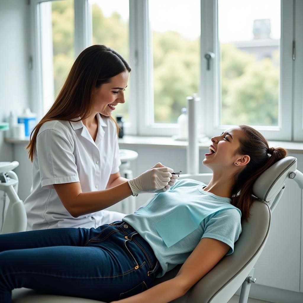 Young woman sits comfortably in a dental chair in a bright dental office. The room has large windows with natural light. Dental tools are visible in the background. A dentist attends to a patient who appears nervous with her mouth open, wearing skinny dark blue jeans.