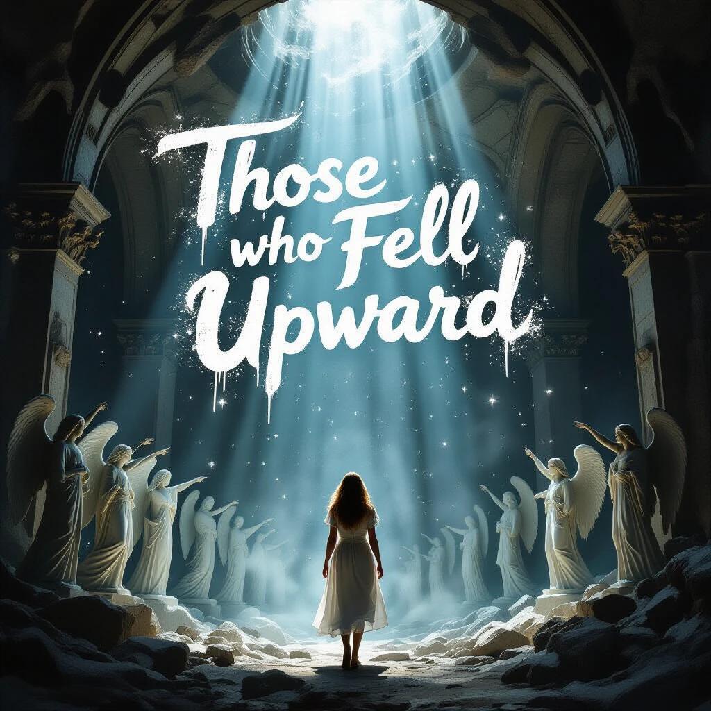 Movie poster for Those Who Fell Upward. Title in cloudlike script. Lake Bell floats in a cavern. Surrounded by stone angels. Ethereal light from above.