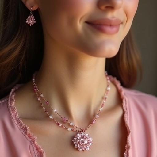 A close-up portrait of a woman wearing rose quartz accessories. She has a necklace and matching earrings made from pink quartz. Her skin is radiant and she is smiling. The focus is on her jewelry and soft lighting emphasizes the allure of the gemstones.
