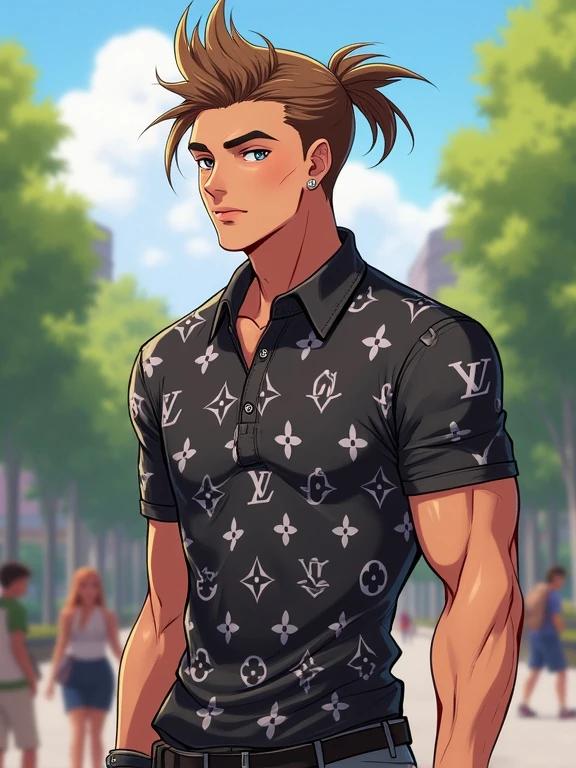 Anime style character design featuring a young man outdoors. He is tall and muscular with light brown spiky hair tied in a ponytail. The character wears a black Louis Vuitton polo shirt. The background shows a vibrant Stanford University campus filled with people during summer. His expression is studious and handsome.