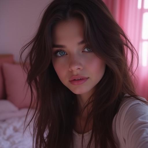 Realistic selfie of an egirl; cute petite brunette with blue eyes and round face; long wavy hair; slightly dark pink and white bedroom; slightly blurry appearance.