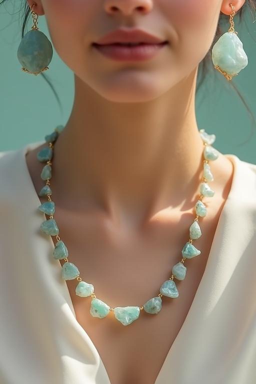 Aquamarine stones strung together on a delicate gold chain. Model with a peaceful expression showcases jewelry. Stones glisten softly reflecting light. Minimalist background with soft pastel hues. Soft diffused lighting enhances luxurious vibe. High-quality photorealistic image for jewelry brand marketing.