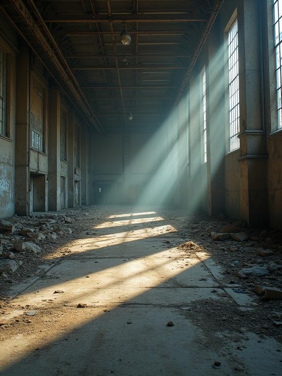 Capture the essence of an abandoned factory scene. Highlight the dust present throughout the space. Show a distinct clean spot amidst the decay.