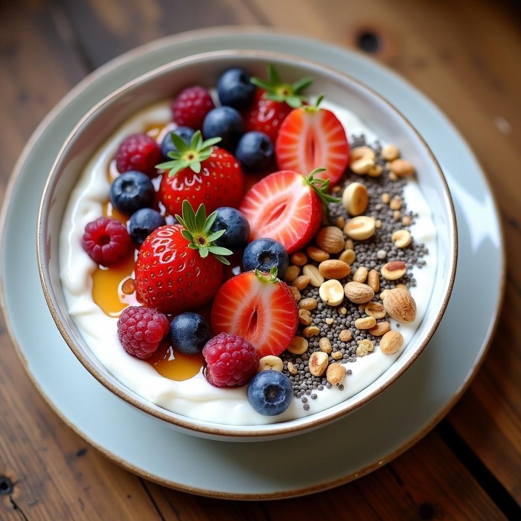 Bowl of yogurt topped with mixed berries hazelnuts and granola. Chia seeds and honey enhance flavor. Healthy colorful breakfast option.