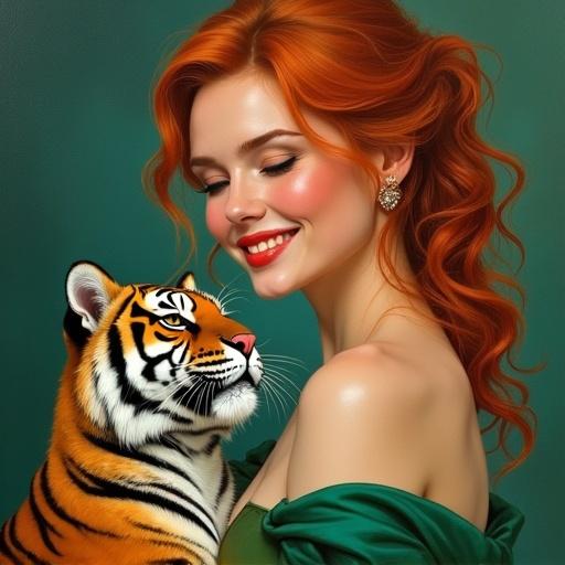 A smiling red-haired woman in a green off-shoulder dress is cuddling a sweet striped tiger. Elegant face with a joyful expression. Oil painting with expressive brush strokes. Detailed and beautiful artwork inspired by James Gurney. Rich textures and vibrant colors create a dreamy scene with emotional depth and stylized details.