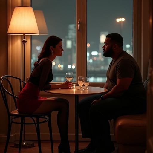 Stylish romantic bedroom scene at night. Woman sits gracefully at a small round café table near a window. She wears a sheer black blouse and a deep red mini skirt. Her expression is soft and confident. Across sits a man in a fitted t-shirt and jeans. Setting is warm and elegant with intimate atmosphere.