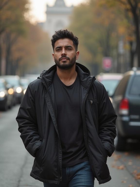Handsome latino man walks on the street with a mix of confidence and trepidation. Scene captures urban autumn setting with colorful trees along the street. Man wears a dark jacket and jeans. Background shows blurred vehicles and city architecture.