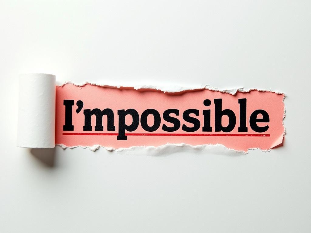 The image showcases a creative play on words through a piece of torn paper. The word "impossible" is partly ripped, making it read as "I'm possible". The torn edge reveals a contrasting background, highlighting the message. The text is printed in bold, black font with a red underline that adds emphasis. The overall image presents a motivational theme, suggesting that challenges can be overcome. The texture of the paper gives it a rustic feel, enhancing the depth of the visual message.