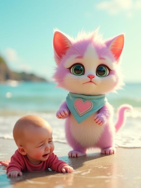 A fluffy anthropomorphic kitten stands on a beach. The kitten has pastel pink and lavender fur, large green eyes, and a blue bandana with a pink heart. A baby in a red onesie is crying nearby in the water. The ocean and golden sunlight fill the background. The scene is peaceful with a humorous contrast between the kitten's serious face and the baby's tears.