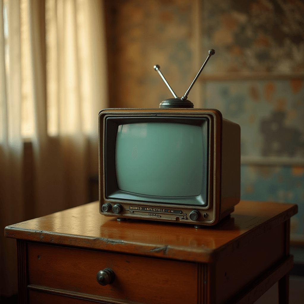 A vintage television set sits on a wooden table in a warmly lit room.