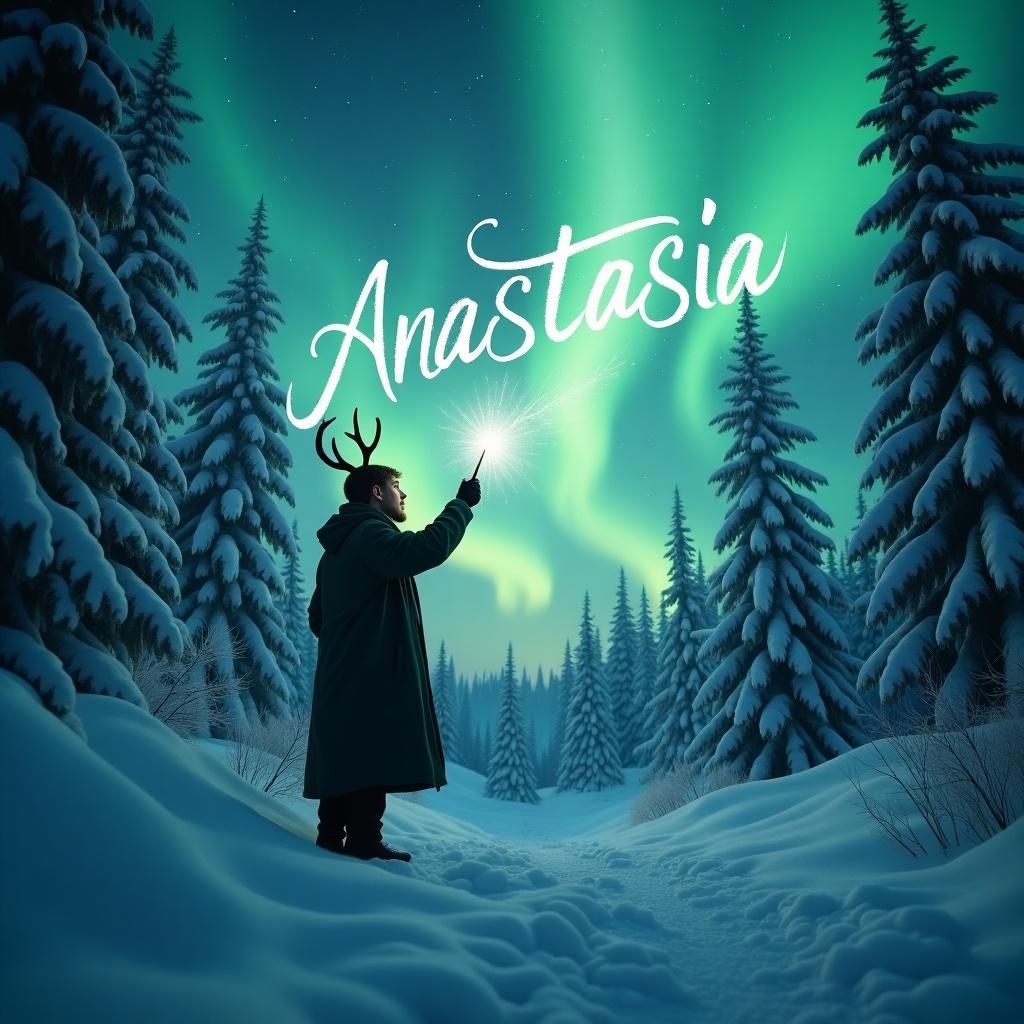 A mystical scene shows an elf in a snow-covered forest. Northern lights illuminate the sky in green and blue. The elf has antlers and gazes at the lights above. Snow-covered trees surround. Using a magic wand the elf writes the name 'Anastasia' in the air enhancing the magical atmosphere.