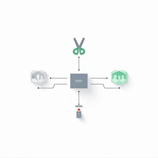 Flat design network diagram on white background. Center structure shows a rectangular block for NGINX. User icons and Kubernetes cubes placed to the sides. Curved lines connect elements. Scissors icon above NGINX, indicating a cut. Reload icon at the scissors pivot. Colors are green for NGINX, blue for users, gray for infrastructure, red for cut indicators. Minimalistic and flat style.