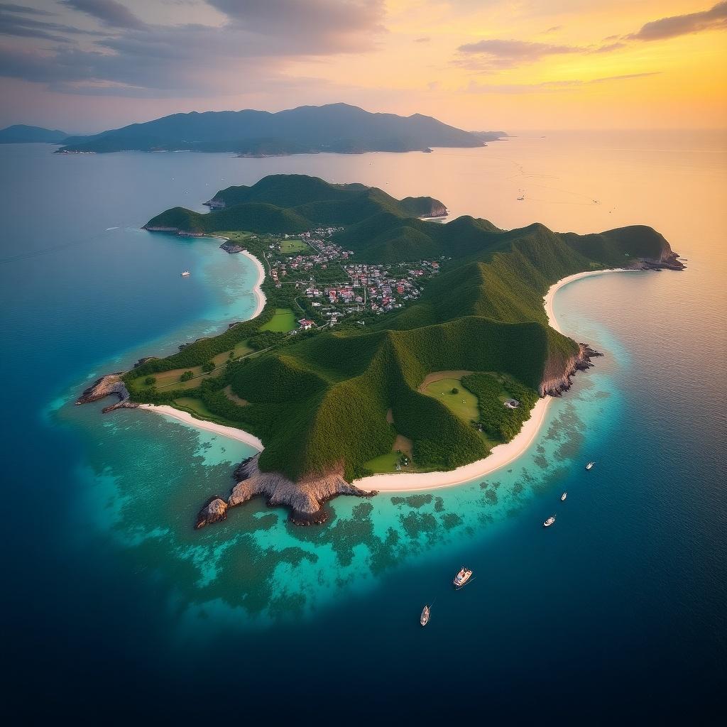 Aerial view of Bawean Island showing its hilly and flat terrain. Tropical climate with beaches and coral reefs. Surrounded by Java Sea. Sunset creates vibrant colors. Boats near the coastline. The main town Sangkapura visible nearby. Quiet and serene atmosphere.